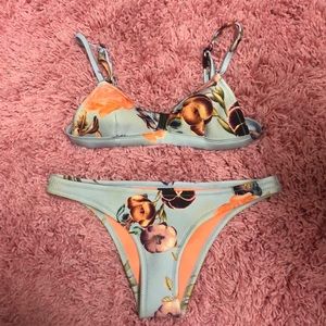 Blue Floral Patterned Triangl Bikini Set